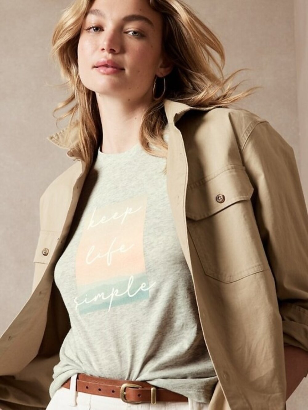 2/$30 Banana Republic July Short Sleeve Graphic Tee Light Heather Large #A2471